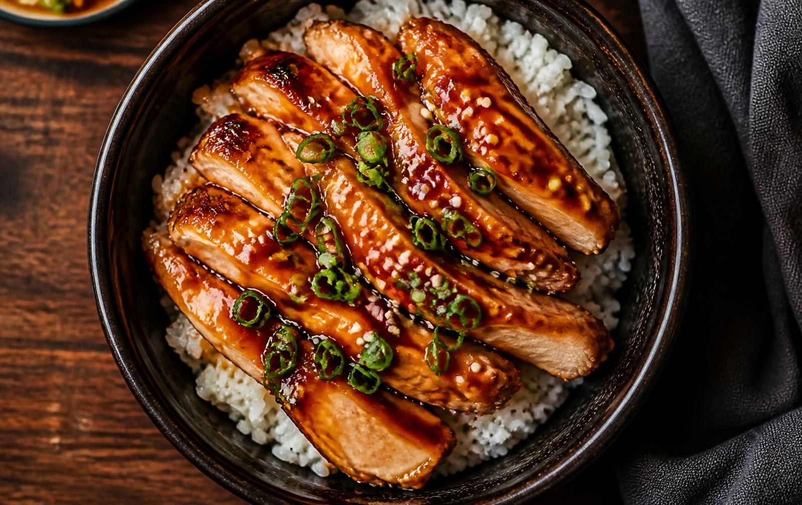 Teriyaki chicken rice bowl with glazed grilled chicken, sesame and green onion